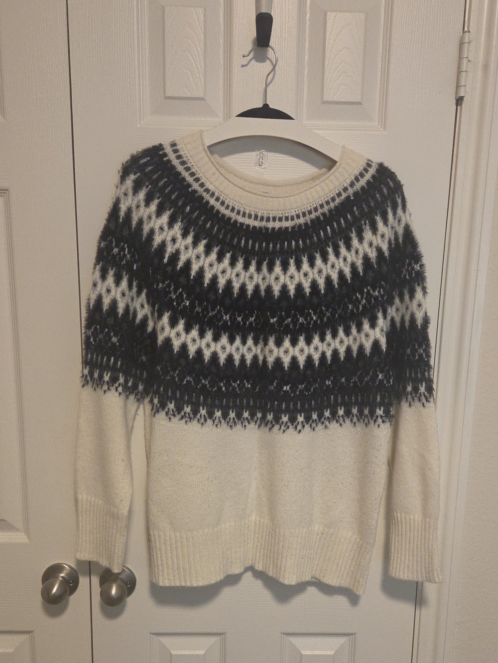 Talbots Cream and Black Fair Isle Yoke Crewneck Sweater